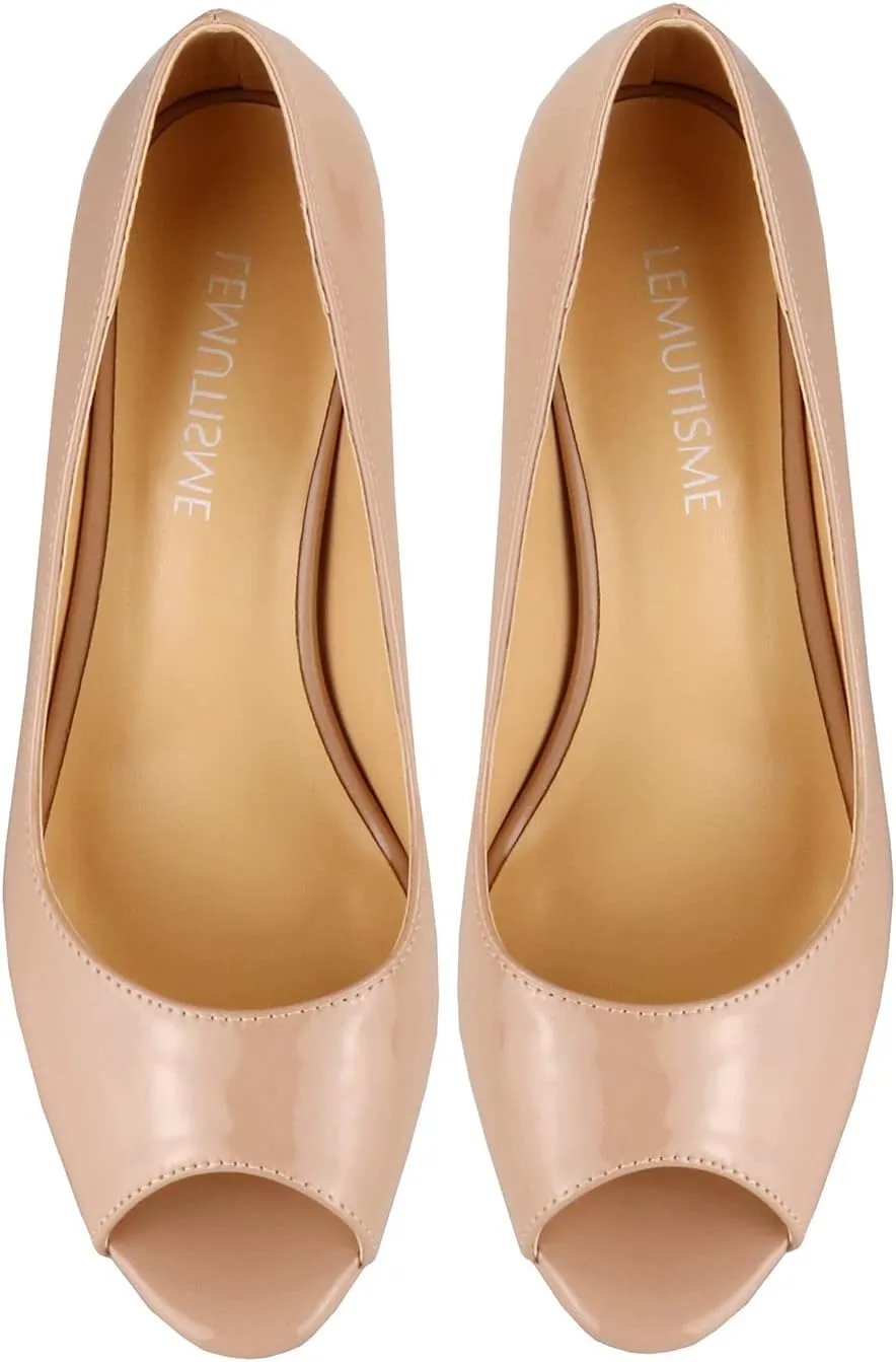 LEMUTISME Women's Patent Leather Sexy Slip On Peep Toe High Heel Dress Pumps Chic Glossy Open Toe Stiletto Heel Platform Sandals