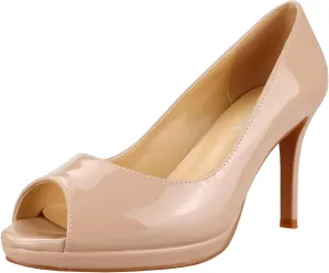 LEMUTISME Women's Patent Leather Sexy Slip On Peep Toe High Heel Dress Pumps Chic Glossy Open Toe Stiletto Heel Platform Sandals
