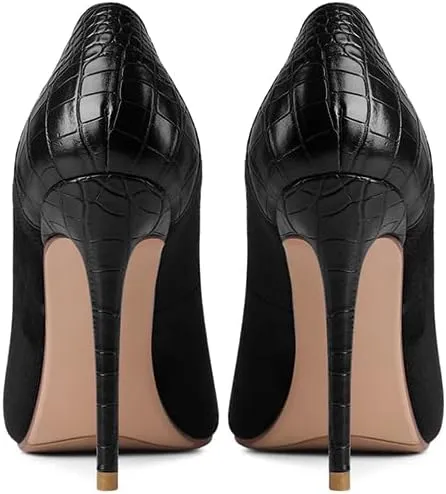 LEMUTISME Women‘s Trendy Pointed Closed Toe Crocodile Stiletto Heels Chic Cap Toe Suede Slip On 4IN High Heel Dress Pumps for Wedding Prom