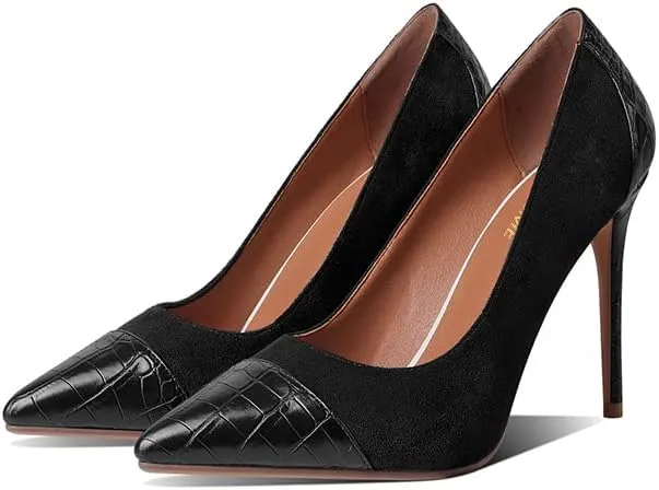 LEMUTISME Women‘s Trendy Pointed Closed Toe Crocodile Stiletto Heels Chic Cap Toe Suede Slip On 4IN High Heel Dress Pumps for Wedding Prom