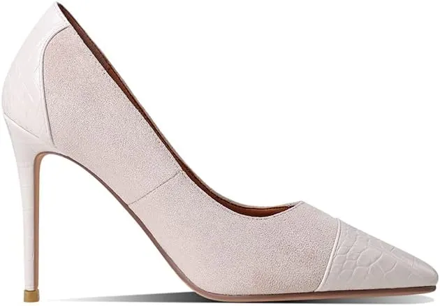 LEMUTISME Women‘s Trendy Pointed Closed Toe Crocodile Stiletto Heels Chic Cap Toe Suede Slip On 4IN High Heel Dress Pumps for Wedding Prom