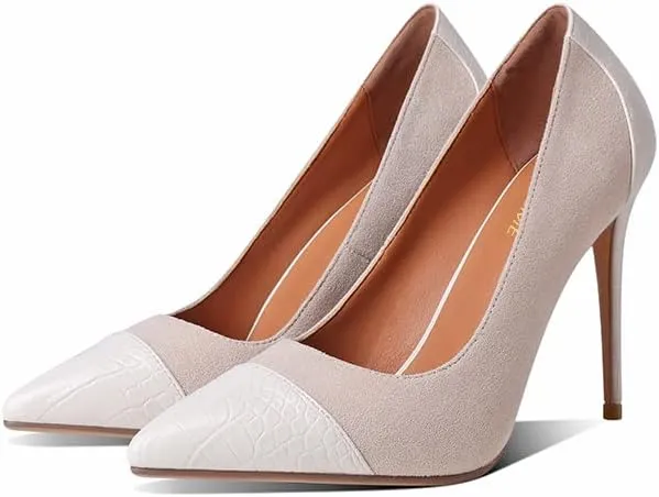 LEMUTISME Women‘s Trendy Pointed Closed Toe Crocodile Stiletto Heels Chic Cap Toe Suede Slip On 4IN High Heel Dress Pumps for Wedding Prom