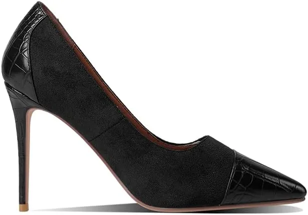 LEMUTISME Women‘s Trendy Pointed Closed Toe Crocodile Stiletto Heels Chic Cap Toe Suede Slip On 4IN High Heel Dress Pumps for Wedding Prom