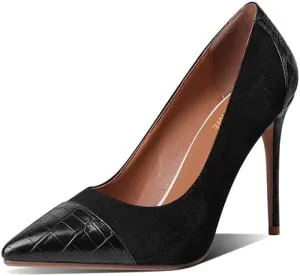 LEMUTISME Women‘s Trendy Pointed Closed Toe Crocodile Stiletto Heels Chic Cap Toe Suede Slip On 4IN High Heel Dress Pumps for Wedding Prom