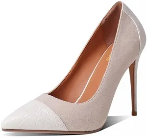 LEMUTISME Women‘s Trendy Pointed Closed Toe Crocodile Stiletto Heels Chic Cap Toe Suede Slip On 4IN High Heel Dress Pumps for Wedding Prom