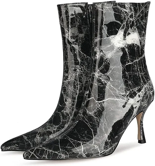 LEMUTISME Women's Trendy Snakeskin Booties Chic Pointed Toe Side Zip 3IN Stiletto High Heels Dress Fashion Ankle Boots For Office Party