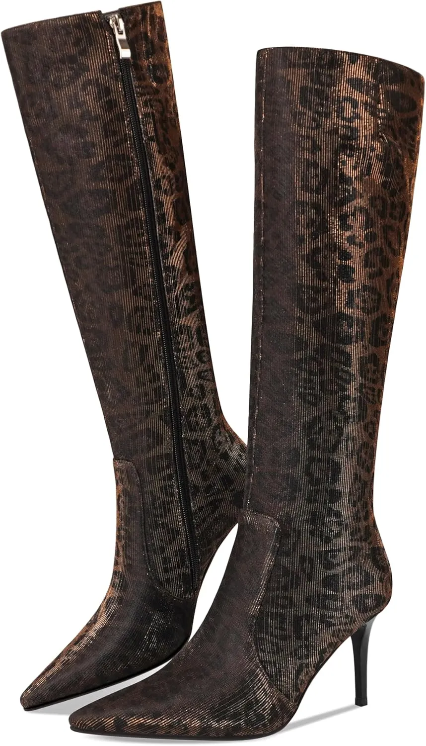 Leopard Print Knee High Boots Women 3.3in Stiletto High Heel, Cheetah Print Tall Boots Dress Boots for Women with Side Zipper Pointed Toe, Animal Print Below the Knee Long Boots
