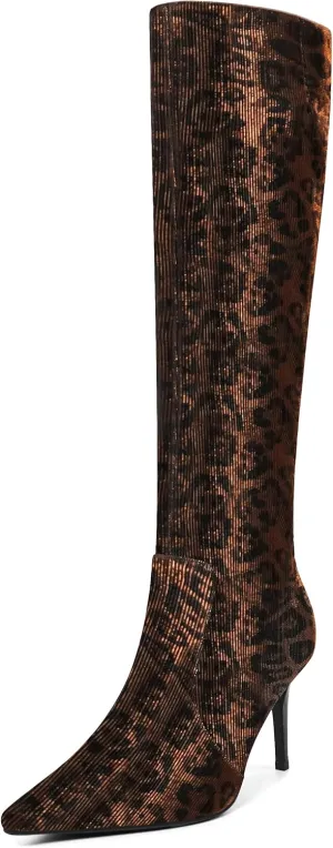 Leopard Print Knee High Boots Women 3.3in Stiletto High Heel, Cheetah Print Tall Boots Dress Boots for Women with Side Zipper Pointed Toe, Animal Print Below the Knee Long Boots