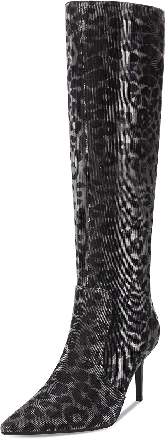 Leopard Print Knee High Boots Women 3.3in Stiletto High Heel, Cheetah Print Tall Boots Dress Boots for Women with Side Zipper Pointed Toe, Animal Print Below the Knee Long Boots