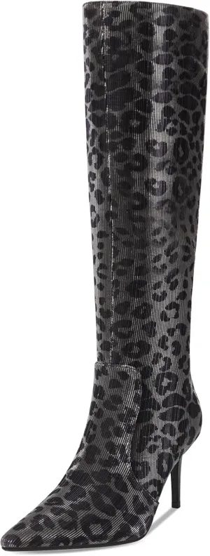 Leopard Print Knee High Boots Women 3.3in Stiletto High Heel, Cheetah Print Tall Boots Dress Boots for Women with Side Zipper Pointed Toe, Animal Print Below the Knee Long Boots