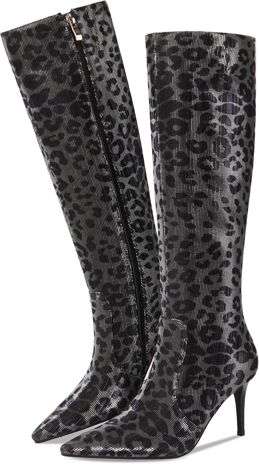 Leopard Print Knee High Boots Women 3.3in Stiletto High Heel, Cheetah Print Tall Boots Dress Boots for Women with Side Zipper Pointed Toe, Animal Print Below the Knee Long Boots