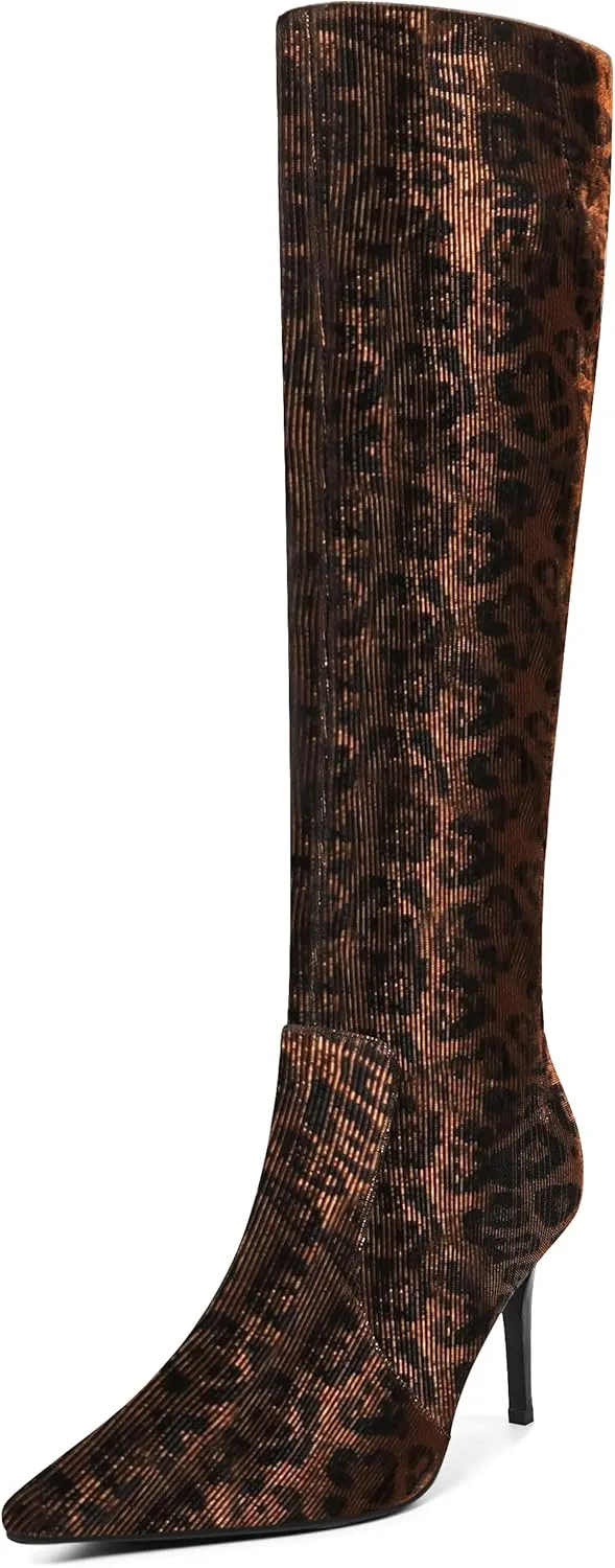 Leopard Print Knee High Boots Women 3.3in Stiletto High Heel, Cheetah Print Tall Boots Dress Boots for Women with Side Zipper Pointed Toe, Animal Print Below the Knee Long Boots