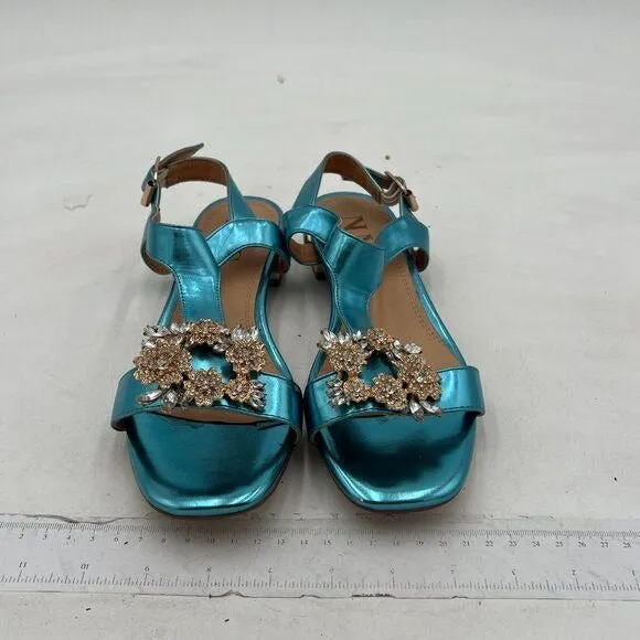 Light Blue T-Strap Open Toe Rhinestone Slingback Low Heel Ankle Strap Sandals