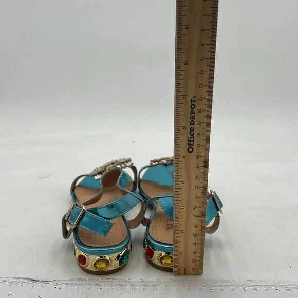 Light Blue T-Strap Open Toe Rhinestone Slingback Low Heel Ankle Strap Sandals