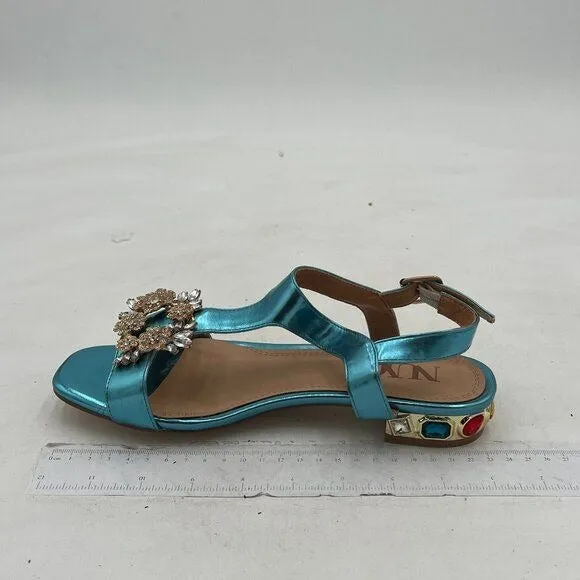Light Blue T-Strap Open Toe Rhinestone Slingback Low Heel Ankle Strap Sandals