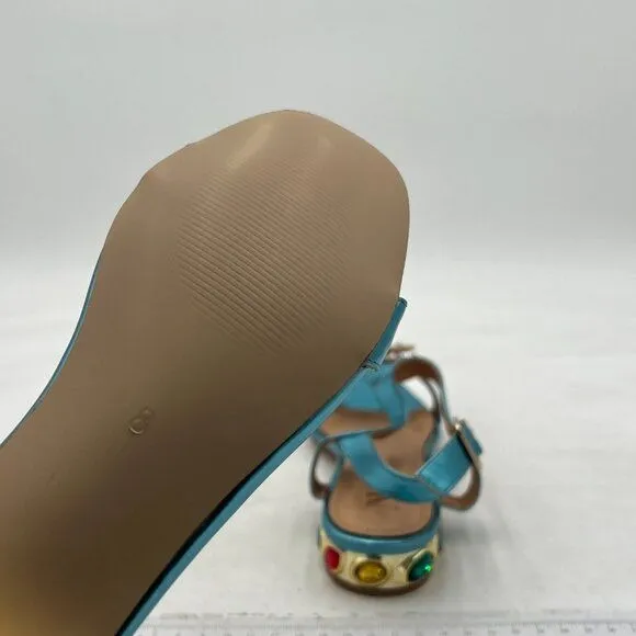 Light Blue T-Strap Open Toe Rhinestone Slingback Low Heel Ankle Strap Sandals