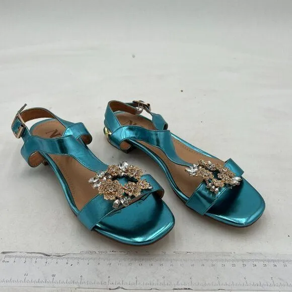 Light Blue T-Strap Open Toe Rhinestone Slingback Low Heel Ankle Strap Sandals
