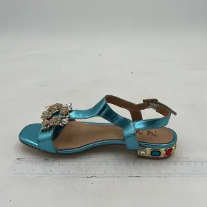 Light Blue T-Strap Open Toe Rhinestone Slingback Low Heel Ankle Strap Sandals
