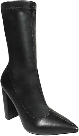 Liliana Women's Stretchy Pointed Toe Mid Calf Chunky Heel Bootie