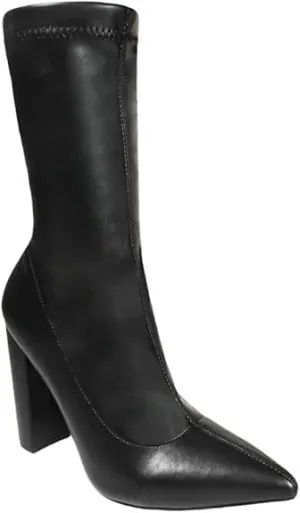 Liliana Women's Stretchy Pointed Toe Mid Calf Chunky Heel Bootie