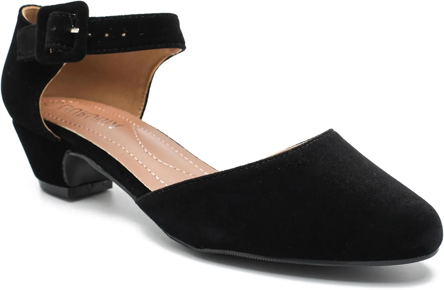 LIURUIJIA Women's Closed Toe Low Chunky Heel Pumps Ankle Strap Dress Shoes for Work Wedding Party Dance