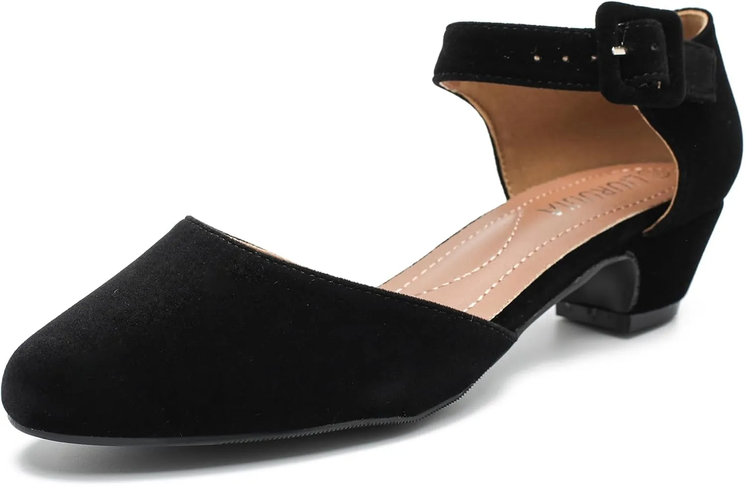 LIURUIJIA Women's Closed Toe Low Chunky Heel Pumps Ankle Strap Dress Shoes for Work Wedding Party Dance