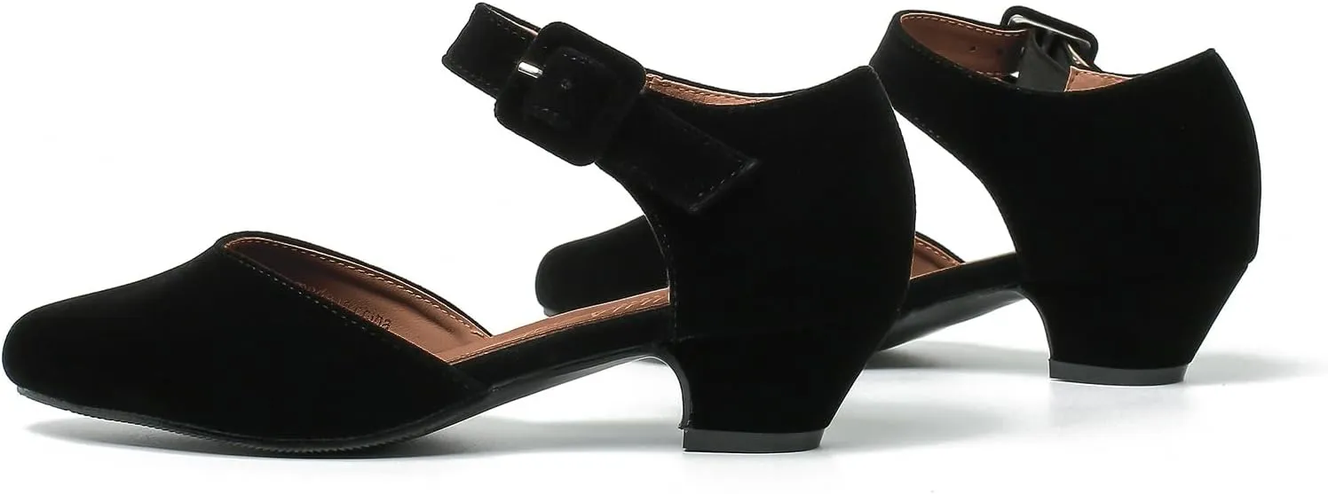 LIURUIJIA Women's Closed Toe Low Chunky Heel Pumps Ankle Strap Dress Shoes for Work Wedding Party Dance