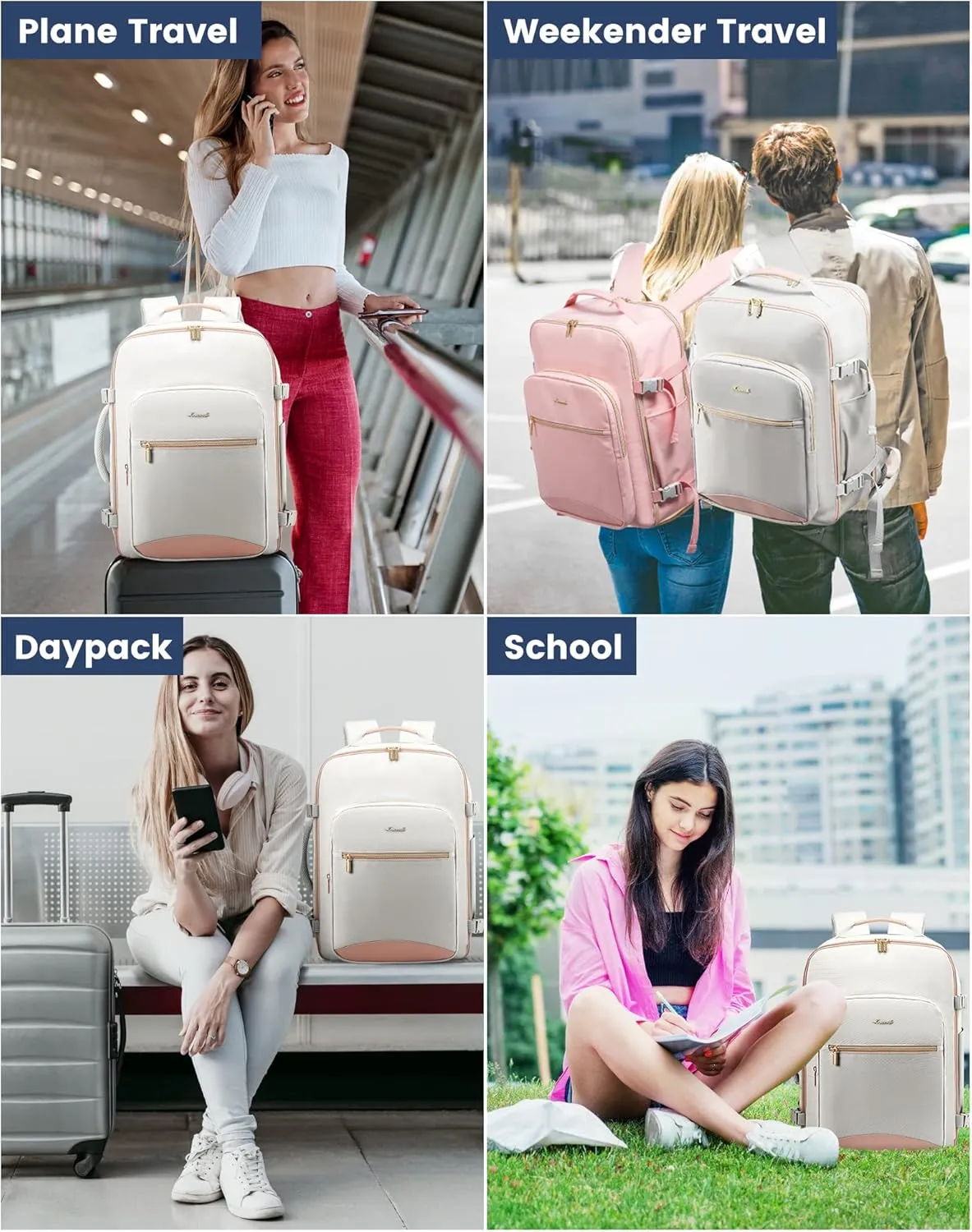 LOVEVOOK Carry on Travel Backpack, 40L Waterproof Large 17inch Laptop Luggage Daypack as Personal Item Flight Approved, Business Weekender Overnight with 3 Packing Cubes, Light gray-Pink