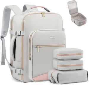 LOVEVOOK Carry on Travel Backpack, 40L Waterproof Large 17inch Laptop Luggage Daypack as Personal Item Flight Approved, Business Weekender Overnight with 3 Packing Cubes, Light gray-Pink