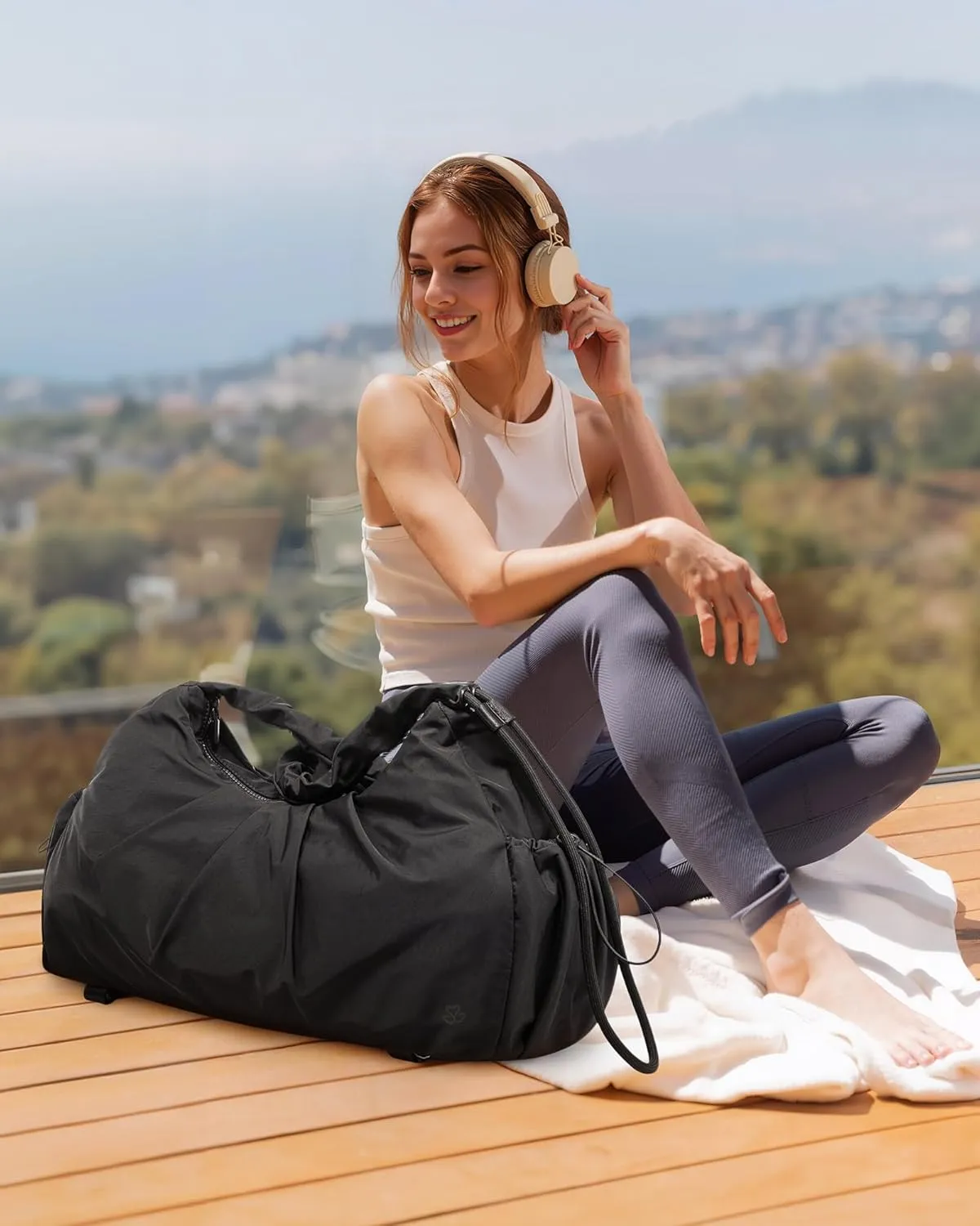 LOVEVOOK Gym Duffel Bag for Women, Weekender Overnight Bag with Wet Pocket, Workout Dance Bag, Sports Tote Bags with Hidden Yoga Mat Holder- Black