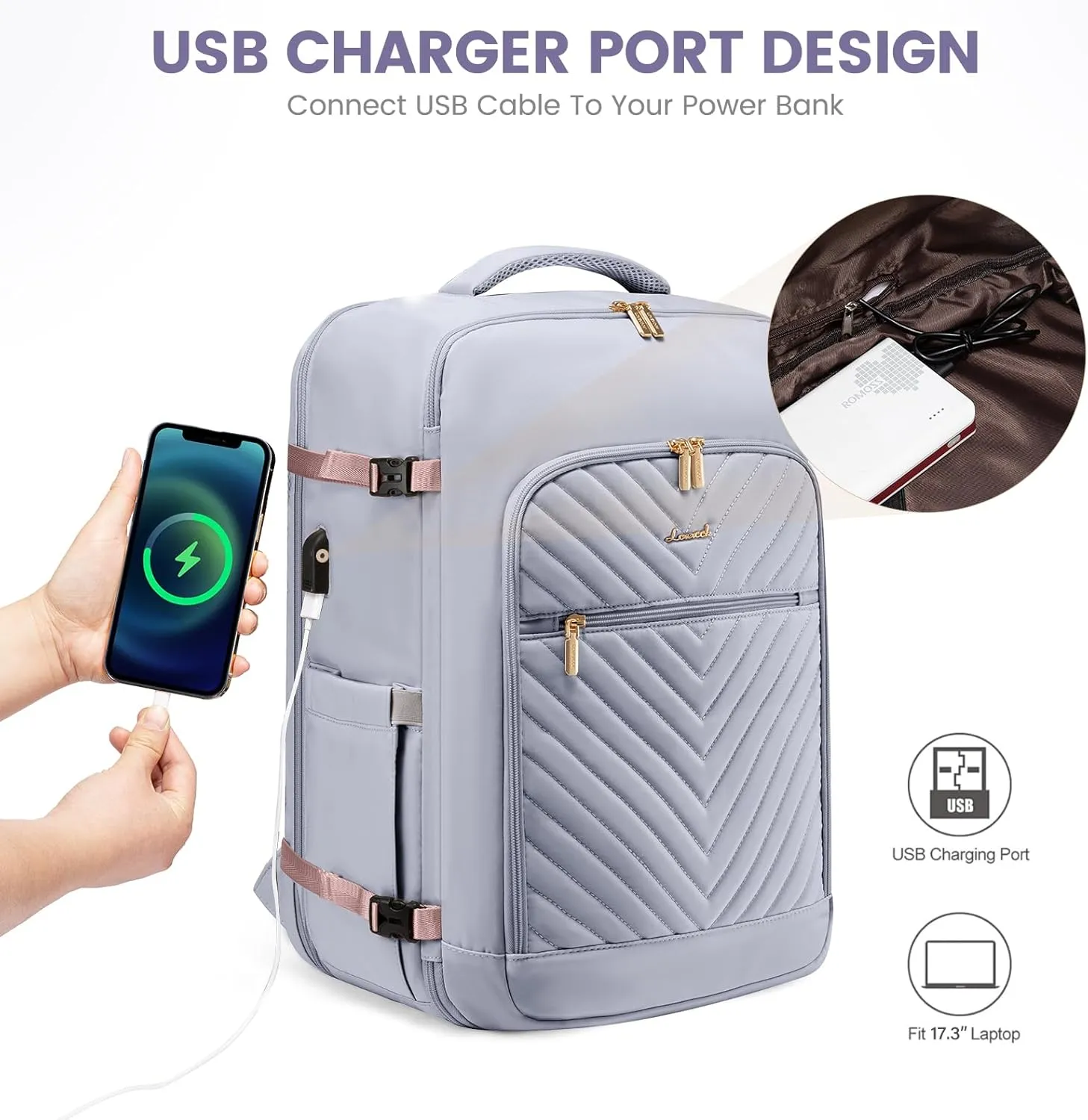 LOVEVOOK Large Travel Backpack for Women,Carry on Backpack Flight Approved,Personal Item Backpack Travel Bag with 3 Packing Cubes,Waterproof Back Pack TSA Fit 17inch Laptop Luggage with USB Port