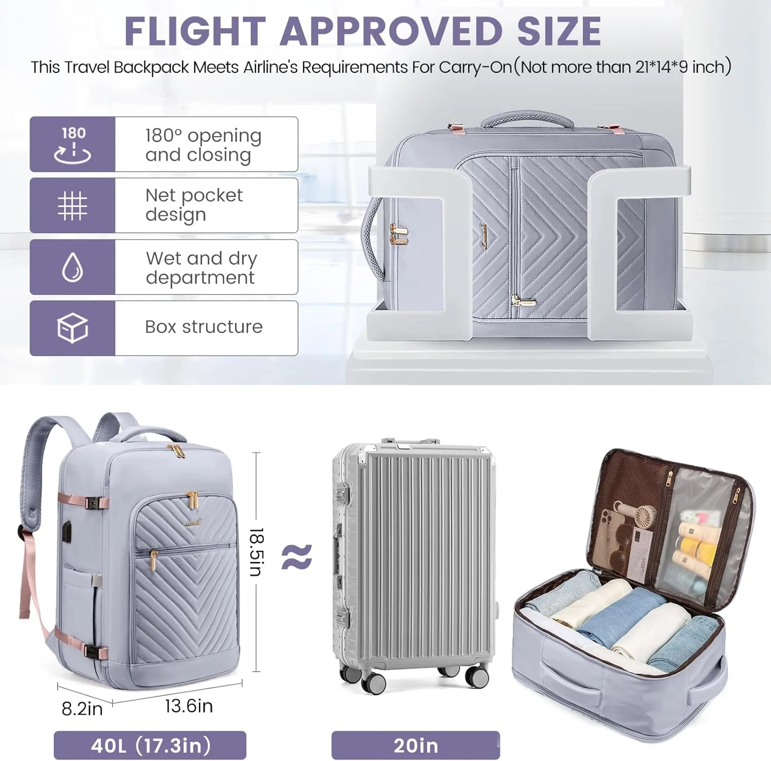LOVEVOOK Large Travel Backpack for Women,Carry on Backpack Flight Approved,Personal Item Backpack Travel Bag with 3 Packing Cubes,Waterproof Back Pack TSA Fit 17inch Laptop Luggage with USB Port