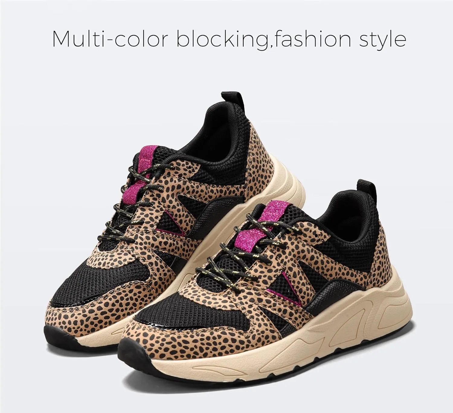 LUCKY STEP Women‘s Fashion Cusual Sneakers Platform Classic Leopard Walking Tennis Travel Shoes Chunky Colorful Lifestyle Sneakers