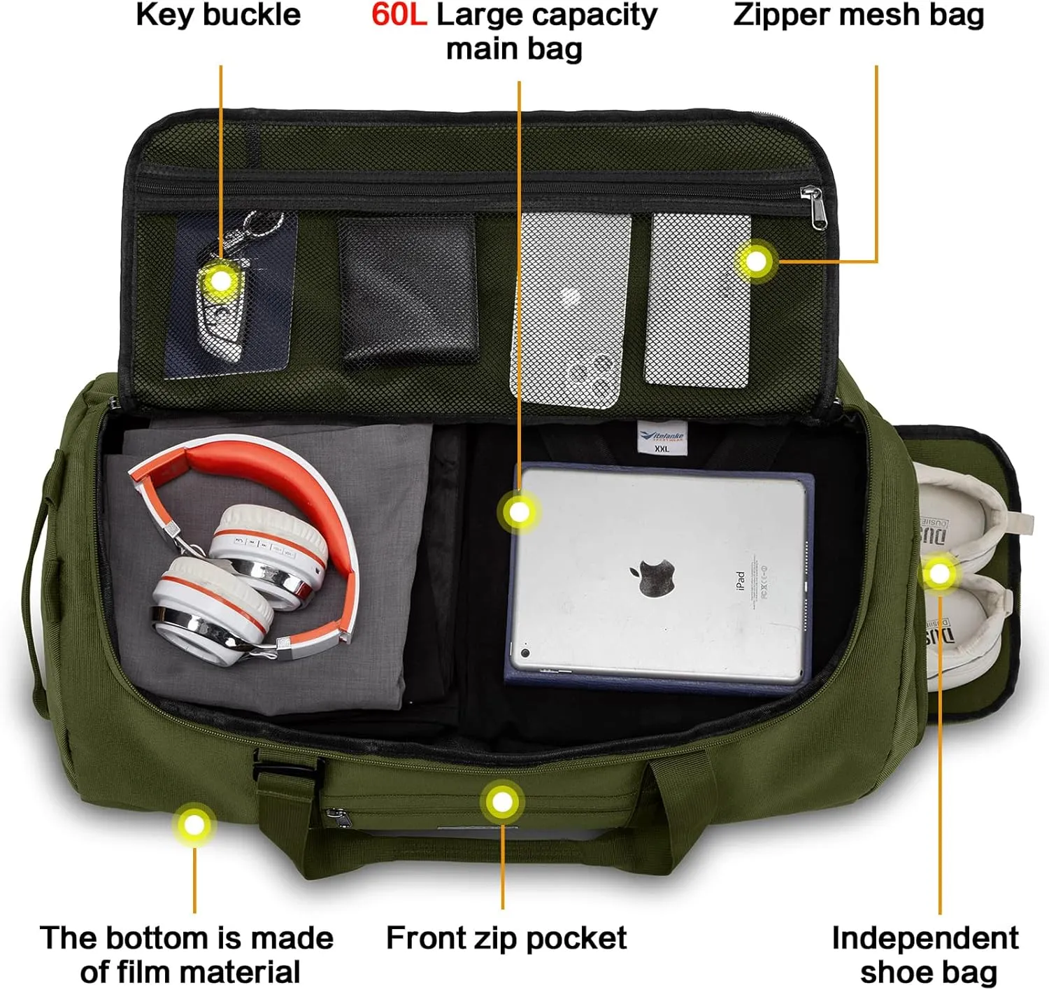 Lyweem Travel Duffel Bag for Men Duffle Bag Large Size for Women Weekender Overnight with Shoes Compartment Multifunctional Gym Bags 60L, Green