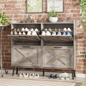 Maupvit Large Shoe Storage Cabinet with 4 Flip Drawers, Freestanding Shoe Organizer with Metal Drawer Hinges for Entryway, Narrow Shoe Rack Cabinet, 5 Sturdy Wooden Legs, Light Rustic Oak
