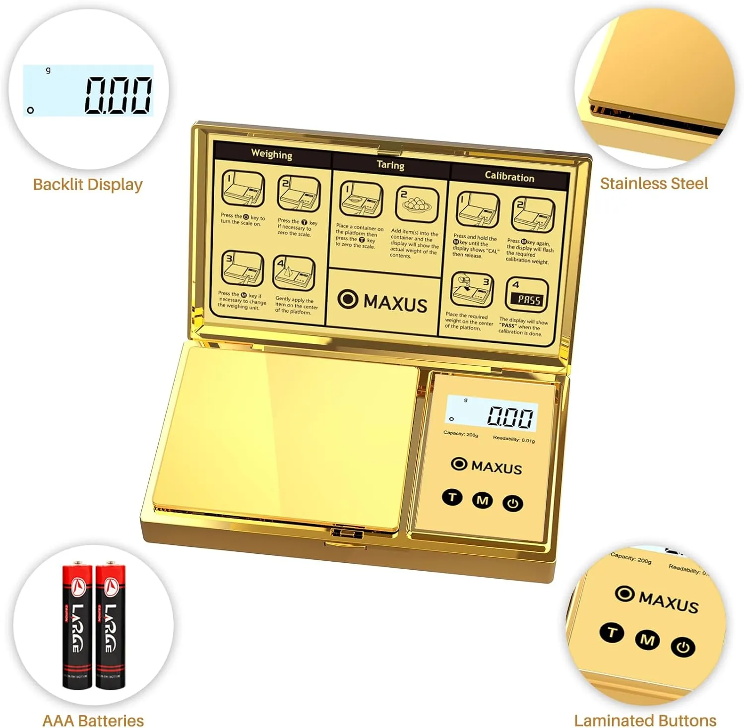 MAXUS Digital Gram Scale with 200g x 0.01g Capacity, Stylish Gold Plated Cover and Platform for Accurate and Precise Weighing of Jewelry, Grains, and Food in Grams and Ounces