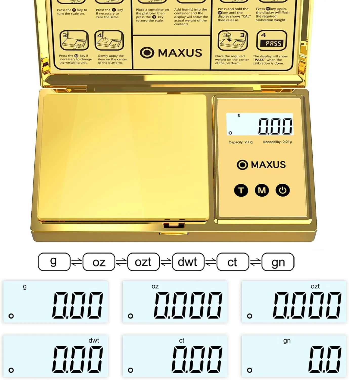 MAXUS Digital Gram Scale with 200g x 0.01g Capacity, Stylish Gold Plated Cover and Platform for Accurate and Precise Weighing of Jewelry, Grains, and Food in Grams and Ounces