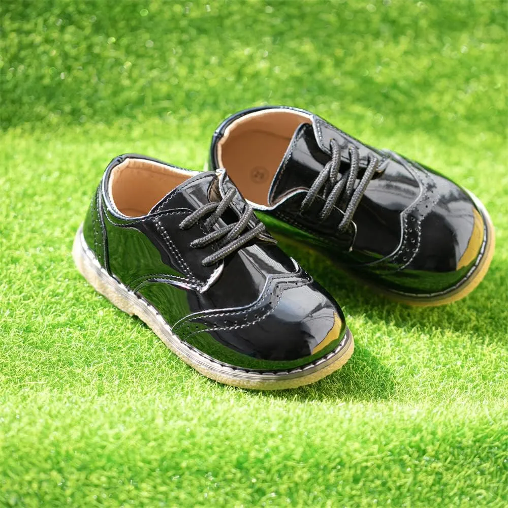 Meckior Toddler Boys Girls Dress Shoes Little Kid Oxford Shoes Wedding Church Dress Shoes PU Leather Lace Up School Uniform Loafer Flats