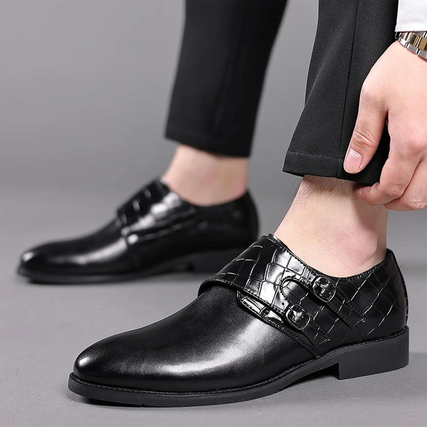 Men Leather Double Monk Strap Pointed Toe Slip On Dress Loafers Casual Comfort Non-Slip Oxfords Formal Business Tuxedo Dress Shoes