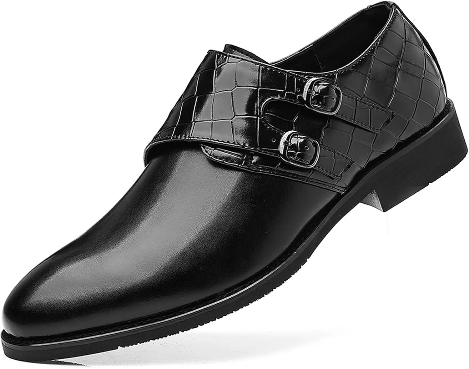 Men Leather Double Monk Strap Pointed Toe Slip On Dress Loafers Casual Comfort Non-Slip Oxfords Formal Business Tuxedo Dress Shoes