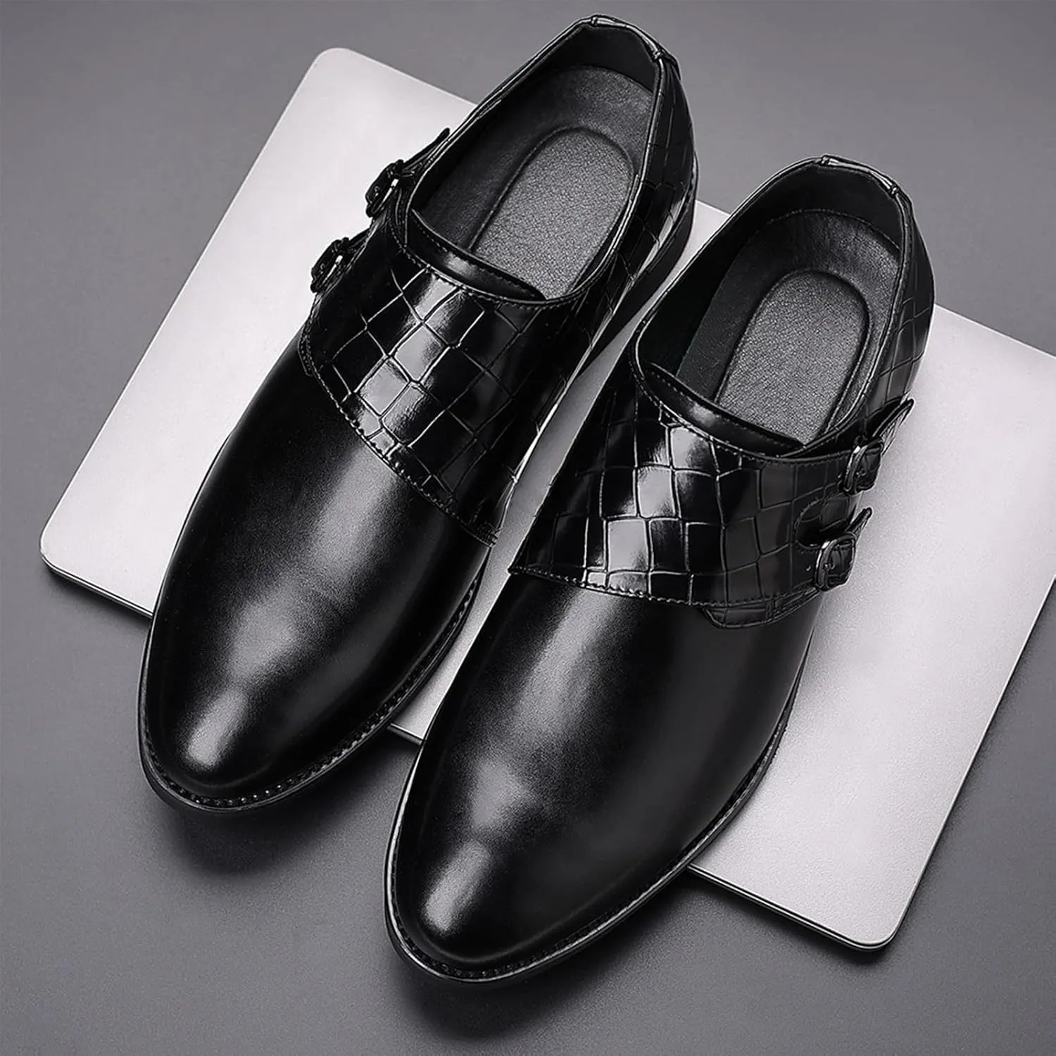 Men Leather Double Monk Strap Pointed Toe Slip On Dress Loafers Casual Comfort Non-Slip Oxfords Formal Business Tuxedo Dress Shoes