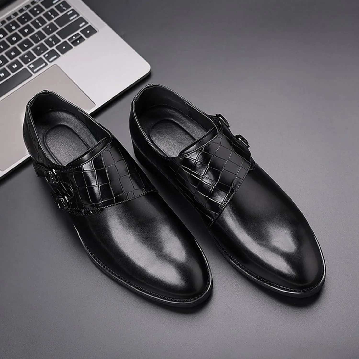 Men Leather Double Monk Strap Pointed Toe Slip On Dress Loafers Casual Comfort Non-Slip Oxfords Formal Business Tuxedo Dress Shoes