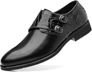 Men Leather Double Monk Strap Pointed Toe Slip On Dress Loafers Casual Comfort Non-Slip Oxfords Formal Business Tuxedo Dress Shoes