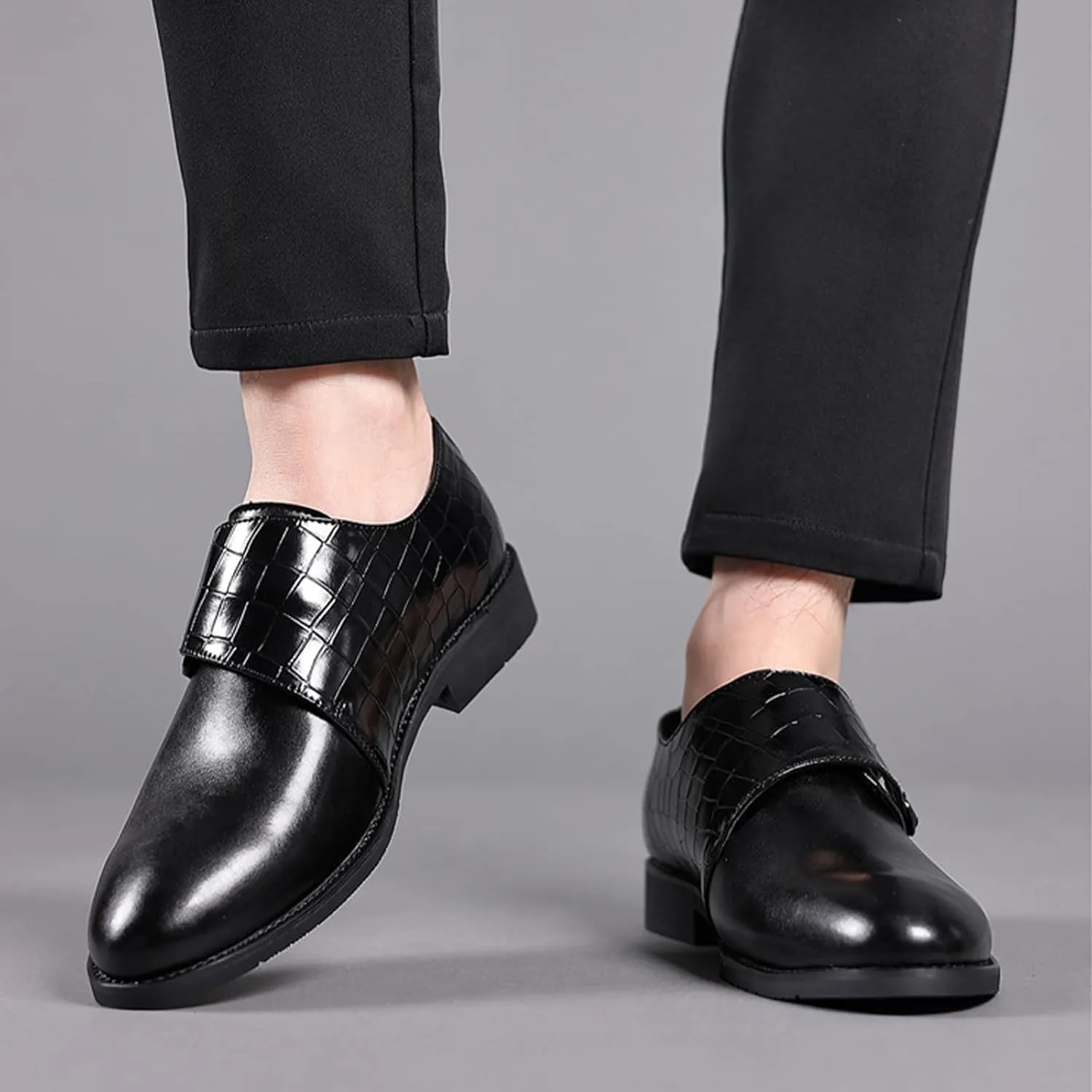 Men Leather Double Monk Strap Pointed Toe Slip On Dress Loafers Casual Comfort Non-Slip Oxfords Formal Business Tuxedo Dress Shoes
