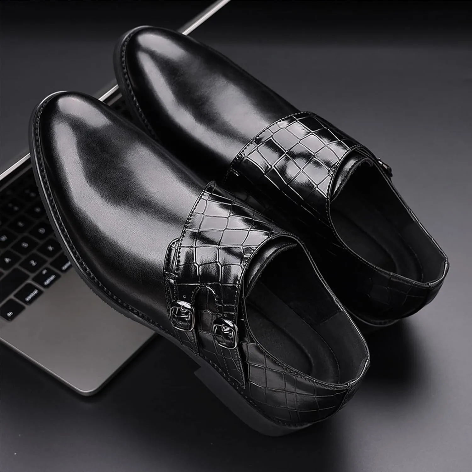 Men Leather Double Monk Strap Pointed Toe Slip On Dress Loafers Casual Comfort Non-Slip Oxfords Formal Business Tuxedo Dress Shoes