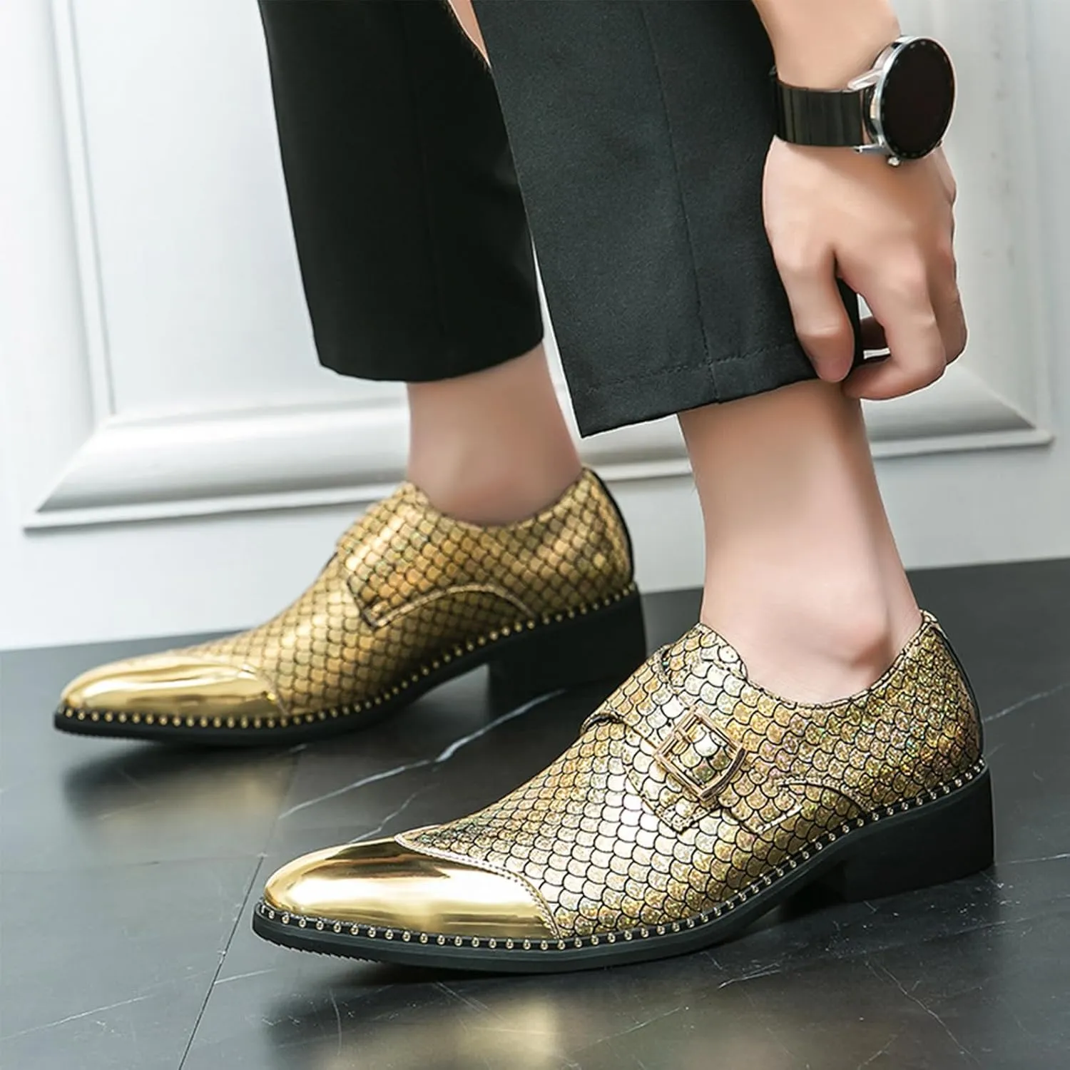 Men Leather Monk Strap Slip On Pointed Toe Dress Loafers Fashion Color Matching Metal Cap Toe Formal Business Casual Party Dancing Oxford Shoes
