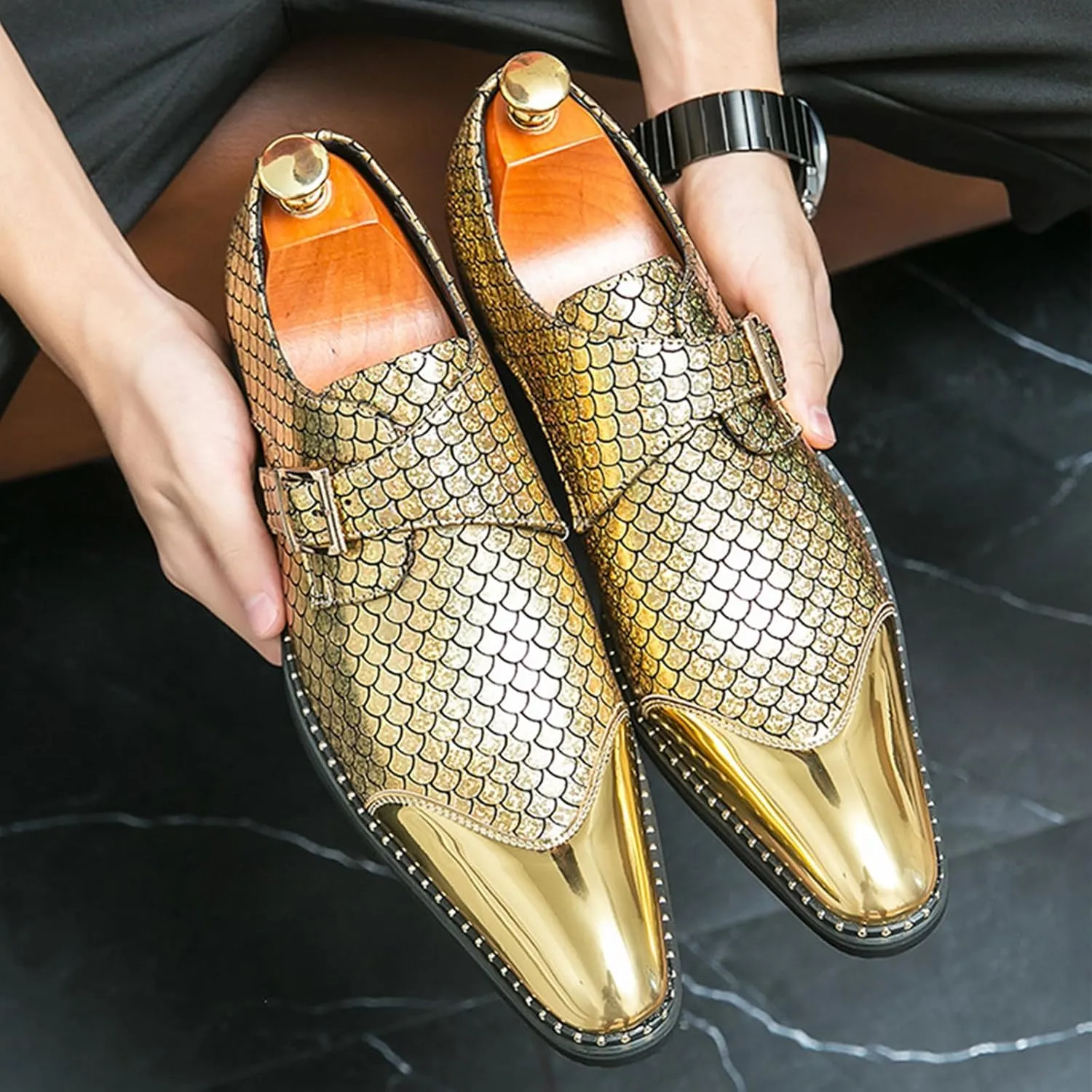 Men Leather Monk Strap Slip On Pointed Toe Dress Loafers Fashion Color Matching Metal Cap Toe Formal Business Casual Party Dancing Oxford Shoes