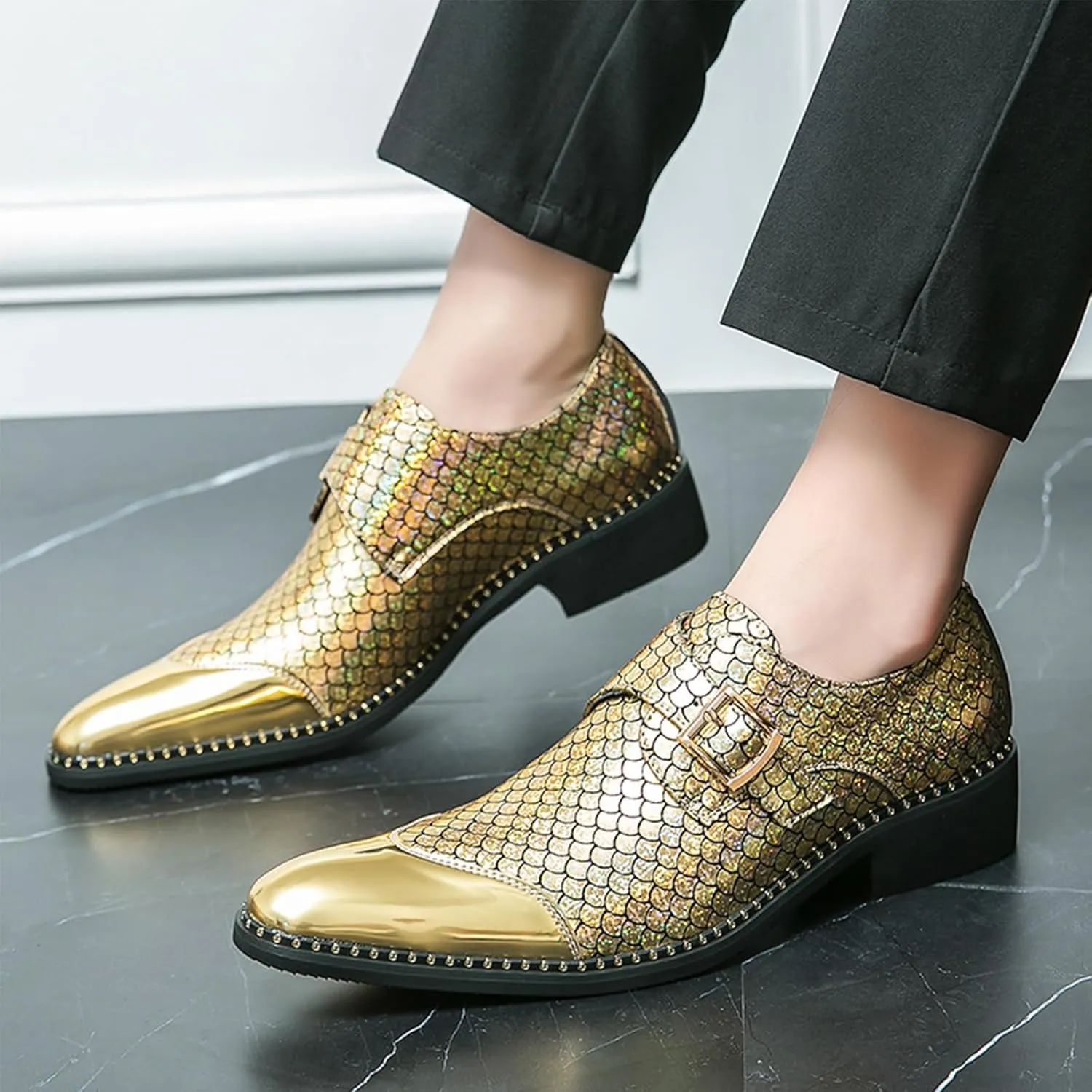 Men Leather Monk Strap Slip On Pointed Toe Dress Loafers Fashion Color Matching Metal Cap Toe Formal Business Casual Party Dancing Oxford Shoes