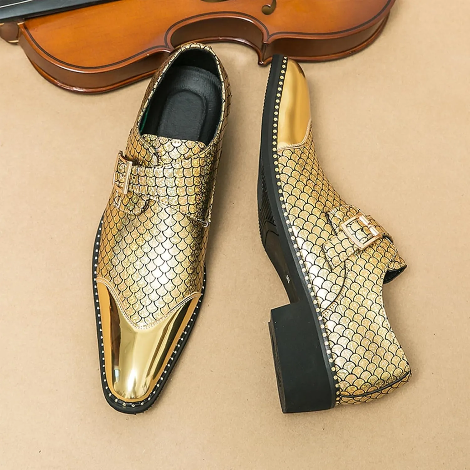 Men Leather Monk Strap Slip On Pointed Toe Dress Loafers Fashion Color Matching Metal Cap Toe Formal Business Casual Party Dancing Oxford Shoes