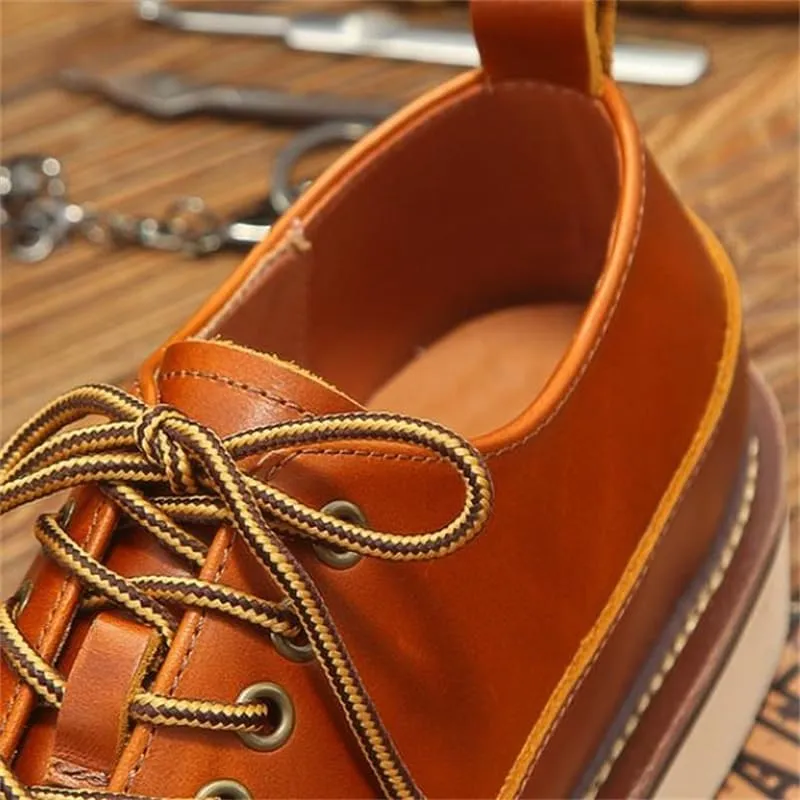 Men's British-Style Low-top Shoes Thick-Soled Leather Shoes Lace-up Casual Soft Sole Oil Wax Leather Low Heel Breathable Comfortable Round Toe Suitable